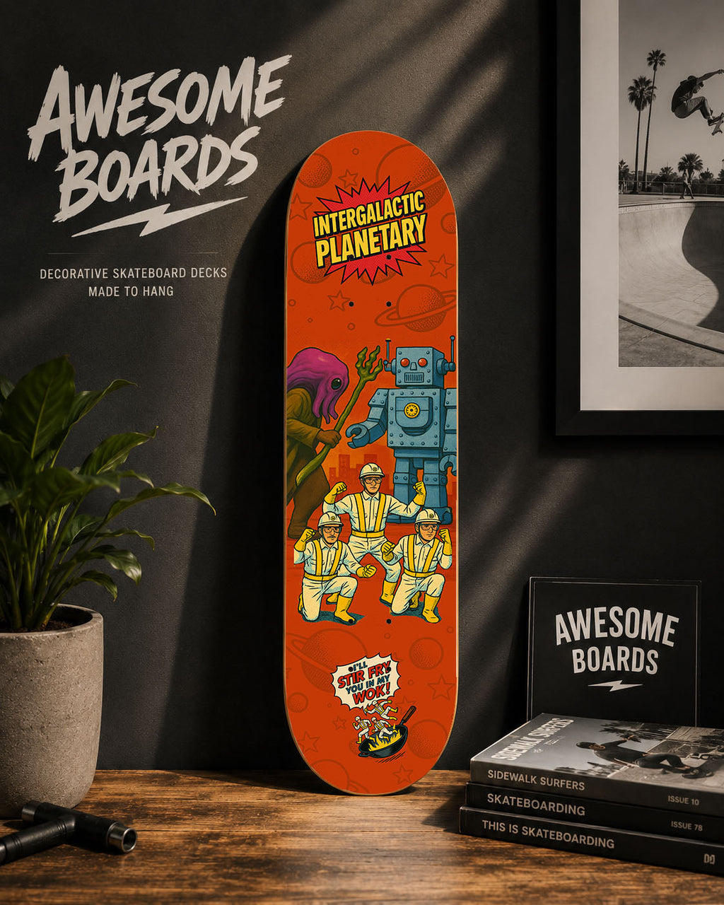 Intergalactic Planetary retro sci-fi decorative skateboard wall art by Awesome Boards
