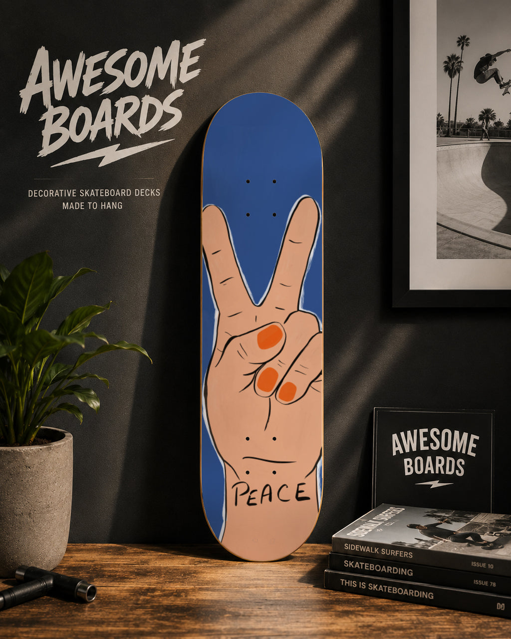 Peace Hand Illustration Decorative Skateboard Deck | Wall Art