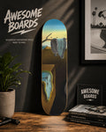 Decorative skateboard deck featuring melting clocks inspired artwork
