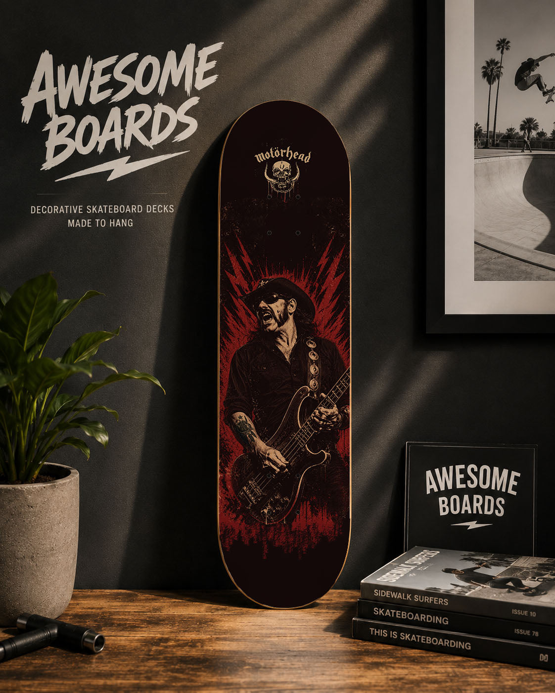 Motörhead decorative skateboard deck featuring Lemmy artwork